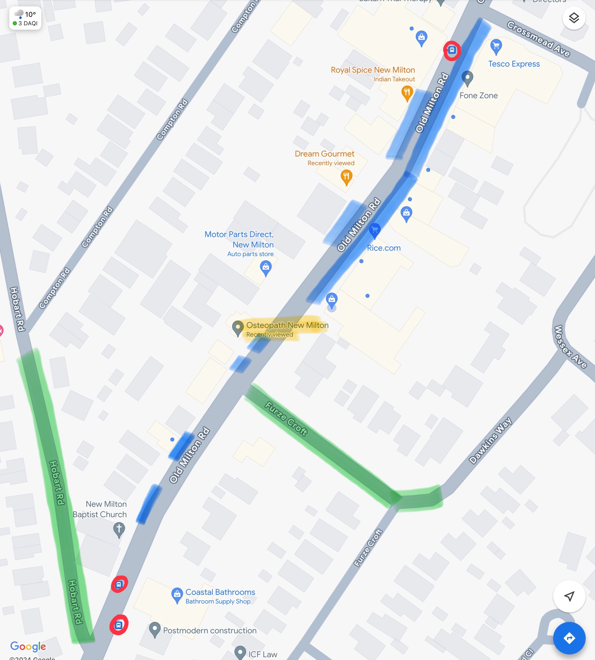 Map of where to park in the vicinity of the clinic and where the bus stops are.